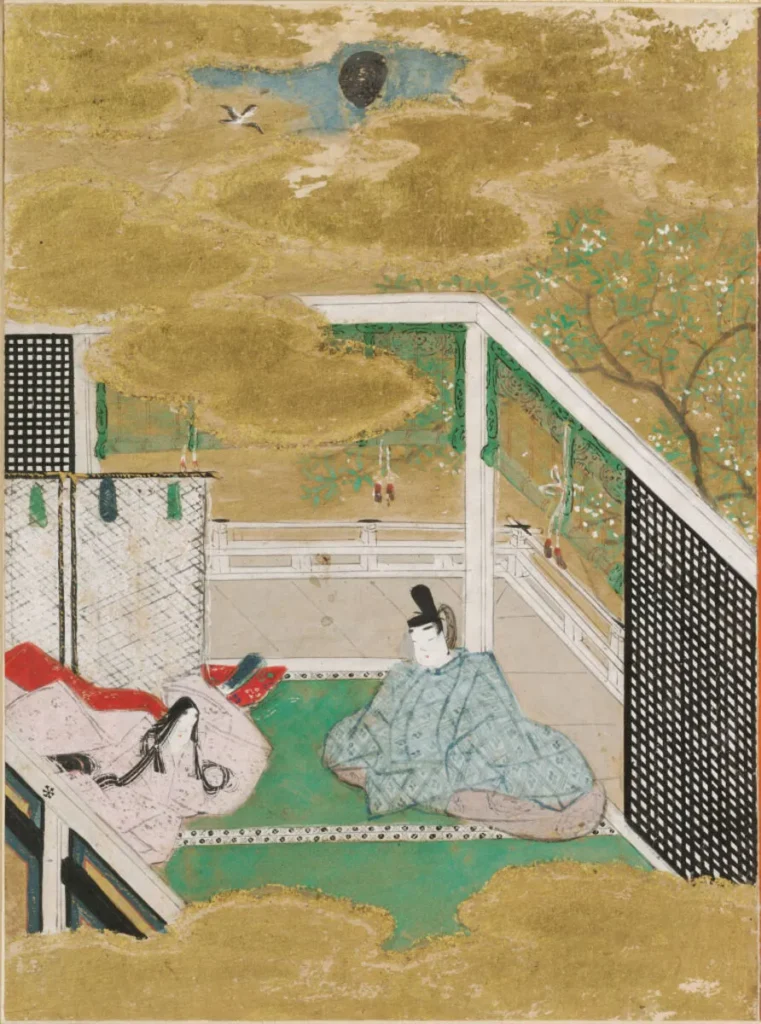 土佐光信「花散里」源氏物語絵アルバム第11帖、ハーバード美術館所蔵（1509-1510年）