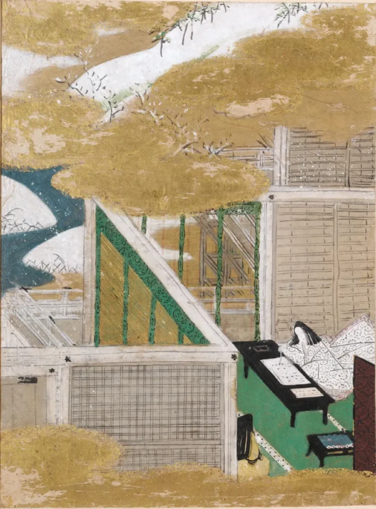 土佐光信「手習」源氏物語絵アルバム第53帖、ハーバード美術館所蔵（1509-1510年）